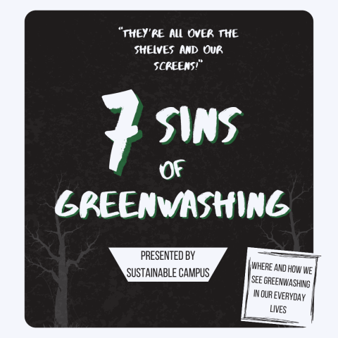 black, green, and white image. the center reads "7 Sins of Greenwashing"
