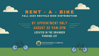 fall 2020 bike distribution graphic featuring two bicycles on a blue sky background. Text reads: rent a bike