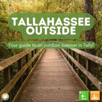 Photo of boardwalk inside Tom Brown Park with title "Tallahassee Outside." Photos of SDG 15 and SDG 11.